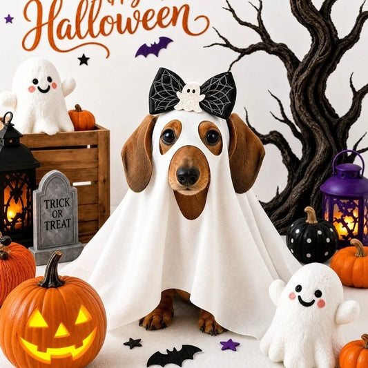 Dog wearing a white ghost Halloween costume