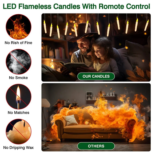 Floating LED candles hanging in a room