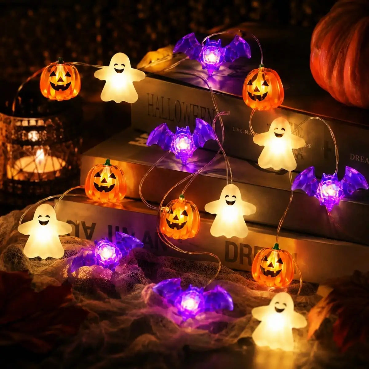 Halloween bat string lights, 3-pack with pumpkin ghost and bat