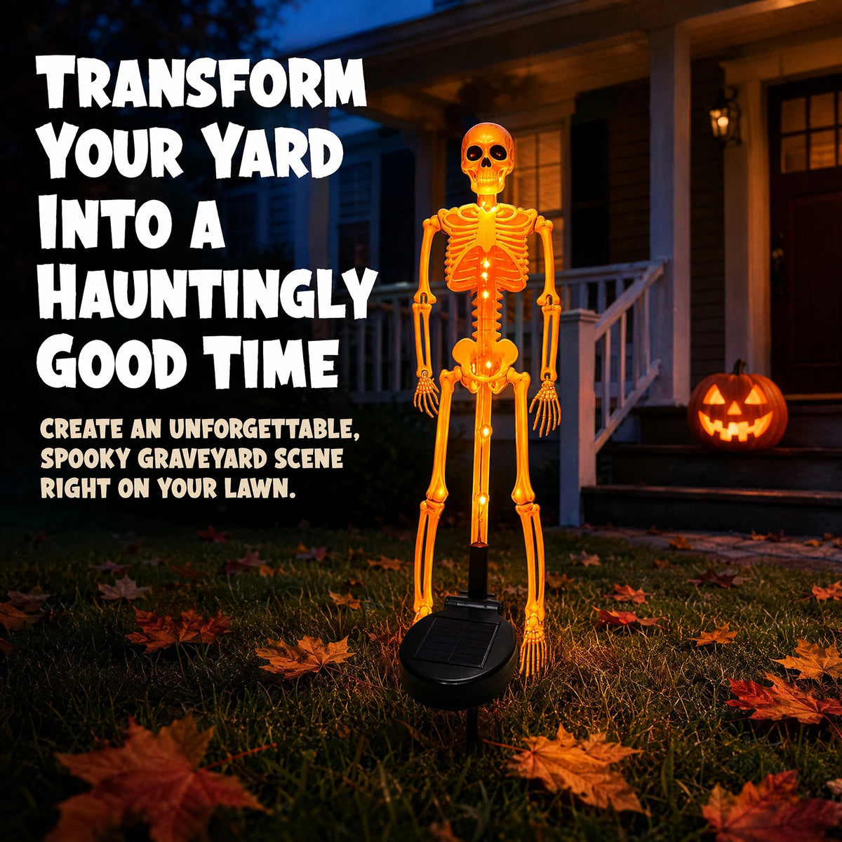 Halloween tombstone yard lights at night