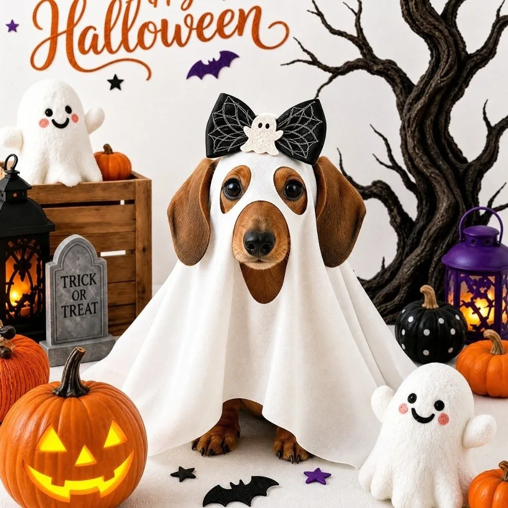 Dog wearing a white ghost Halloween costume