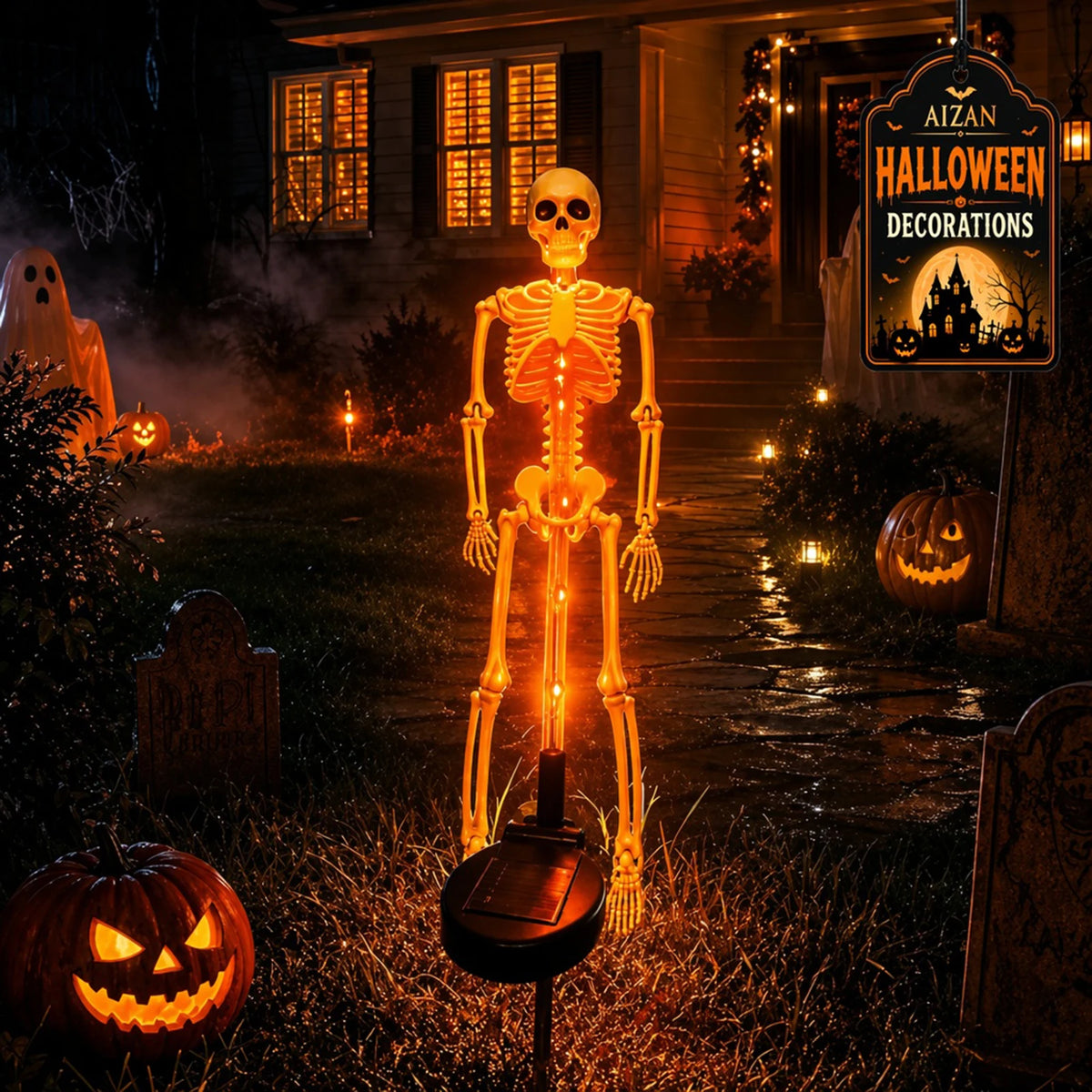 Outdoor Halloween graveyard decoration with solar lights
