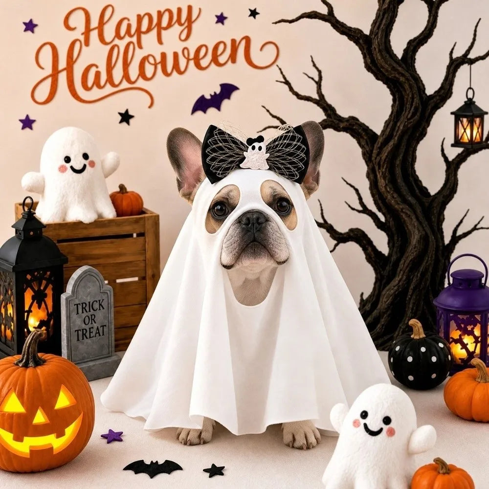 Cat in a spooky ghost costume