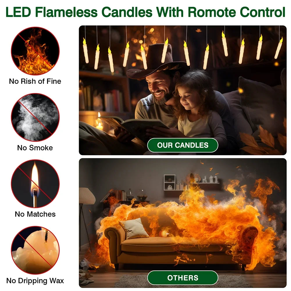Floating LED candles hanging in a room